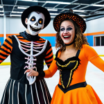 **A vibrant ice-skating club social event in Madrid. Skaters are laughing and dressed in Halloween costumes, with a focus on the fun and community atmosphere, inside a decorated ice rink.**