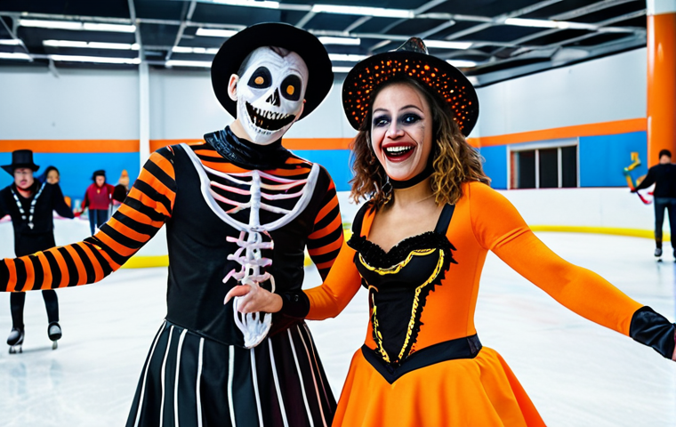 **A vibrant ice-skating club social event in Madrid. Skaters are laughing and dressed in Halloween costumes, with a focus on the fun and community atmosphere, inside a decorated ice rink.**