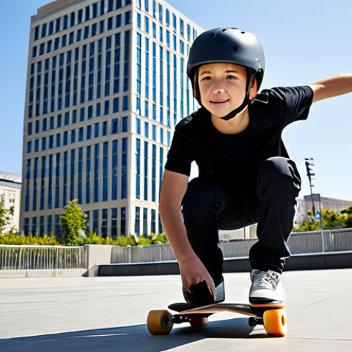 A young person, fully clothed in modest, appropriate skate attire, wearing a well-fitted helmet, kneepads, and elbow pads, is learning to push a skateboard on a smooth, flat surface. They are in a natural pose, concentrating with a determined expression, looking forward. The background features a clean, open urban plaza with modern city buildings under clear daylight. The image should convey a safe for work, appropriate content, family-friendly atmosphere, emphasizing perfect anatomy, correct proportions, well-formed hands, proper finger count, and natural body proportions, captured with professional photography and high quality.