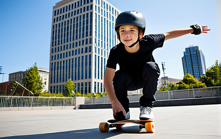 A young person, fully clothed in modest, appropriate skate attire, wearing a well-fitted helmet, kneepads, and elbow pads, is learning to push a skateboard on a smooth, flat surface. They are in a natural pose, concentrating with a determined expression, looking forward. The background features a clean, open urban plaza with modern city buildings under clear daylight. The image should convey a safe for work, appropriate content, family-friendly atmosphere, emphasizing perfect anatomy, correct proportions, well-formed hands, proper finger count, and natural body proportions, captured with professional photography and high quality.