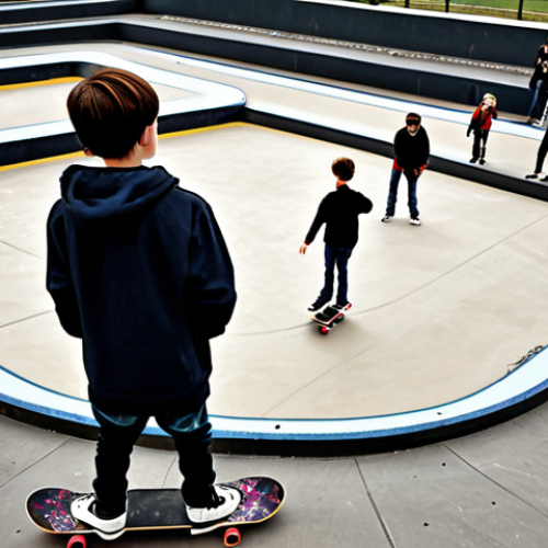 Image Prompt 1: Collaborative Learning in a Modern Skatepark**