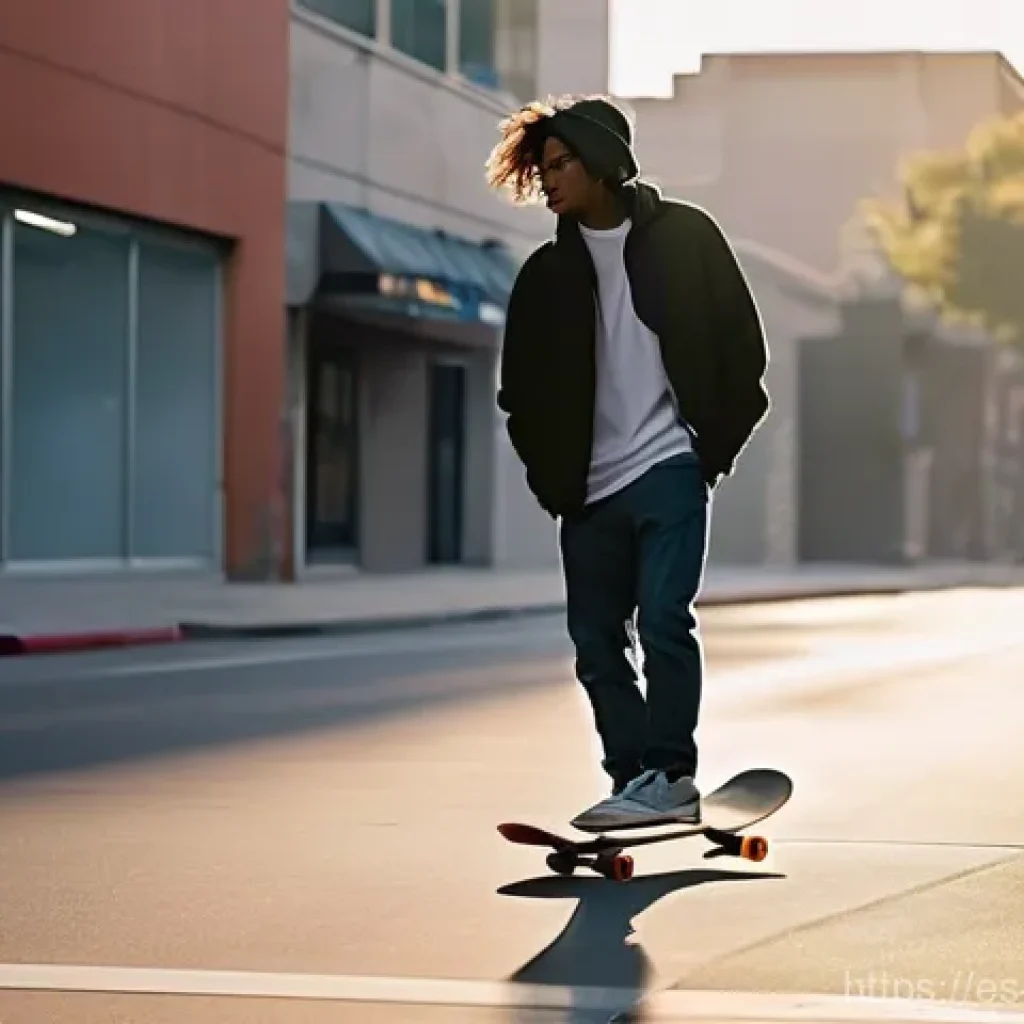 스케이트 운동의 심리적 이점 - **Prompt 1: The Meditative Flow of Urban Skateboarding**
    "A solitary skateboarder, seen from a d...