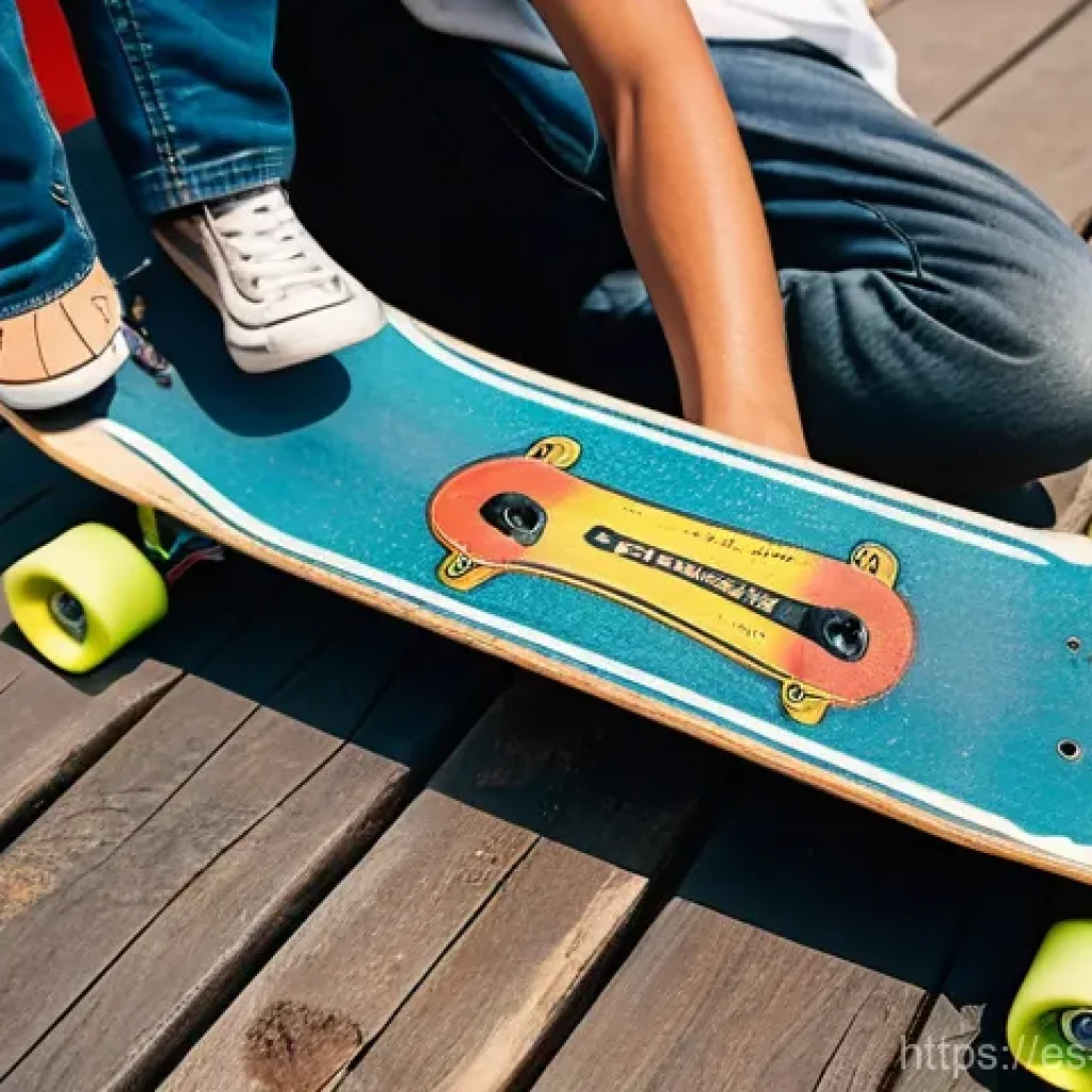 중고 스케이트 구입 팁 - **Prompt:** A young person, around 16 years old, joyfully discovers a vintage skateboard with faded ...