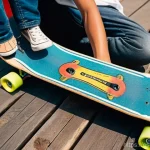 중고 스케이트 구입 팁 - **Prompt:** A young person, around 16 years old, joyfully discovers a vintage skateboard with faded ...