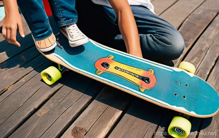 중고 스케이트 구입 팁 - **Prompt:** A young person, around 16 years old, joyfully discovers a vintage skateboard with faded ...