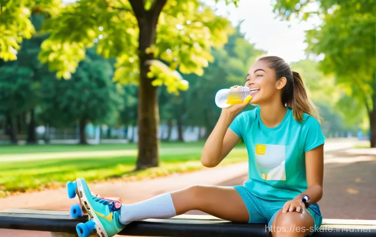 스케이트 후 피로 회복법 - **Image Prompt 1: Post-Skate Refuel and Rehydrate**
"A vibrant, healthy young woman in her early...
