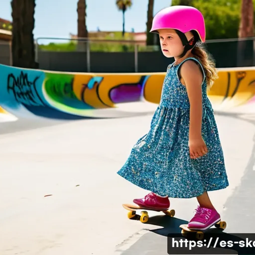 스케이트 재활용 장비 - **Prompt:** "A young girl, around 7 years old, wearing a bright pink helmet, knee pads, and elbow pa...
