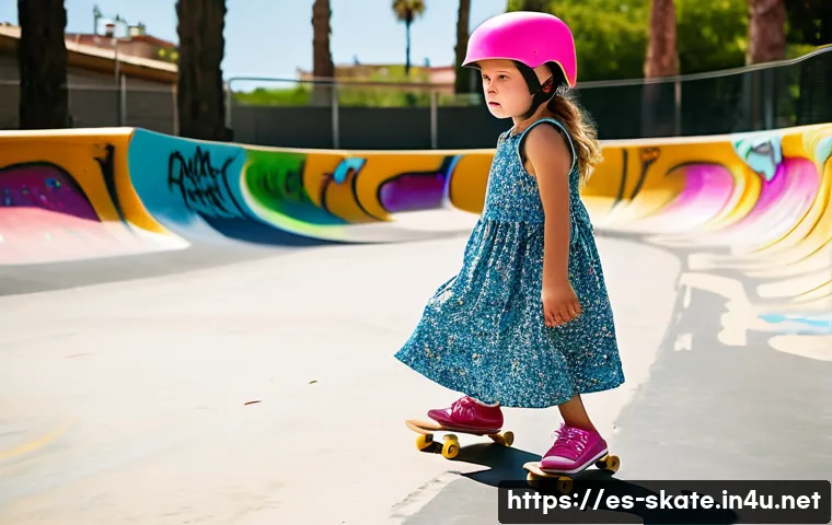 스케이트 재활용 장비 - **Prompt:** "A young girl, around 7 years old, wearing a bright pink helmet, knee pads, and elbow pa...
