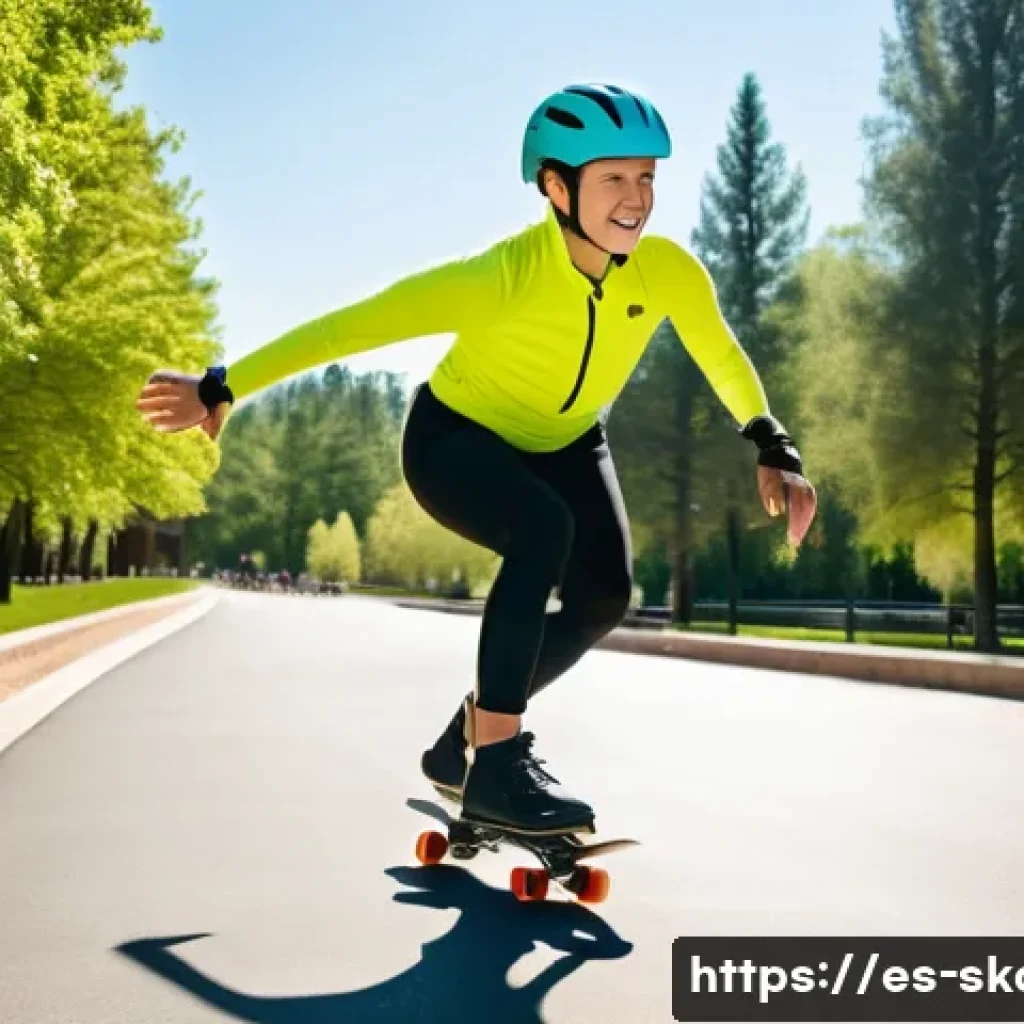 스케이트로 체력 키우기 - A dynamic outdoor scene showing a young adult roller skating on a smooth urban park path during a su...