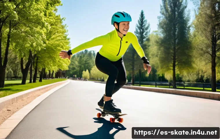 스케이트로 체력 키우기 - A dynamic outdoor scene showing a young adult roller skating on a smooth urban park path during a su...