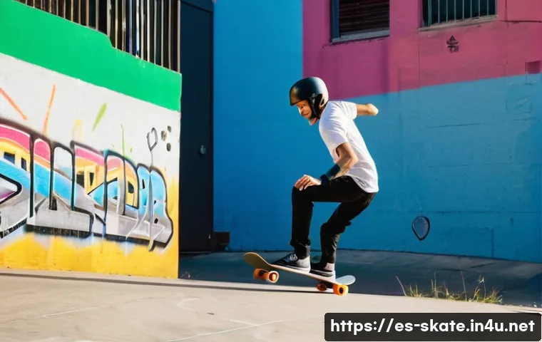 스케이트 사용자 유형 - Urban skateboarder performing a trick on a city street, jumping off a concrete curb with graffiti-co...