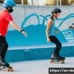 스케이트 레슨 후기 작성법 - A diverse group of young adults attending a beginner inline skating class in a modern urban skate pa...
