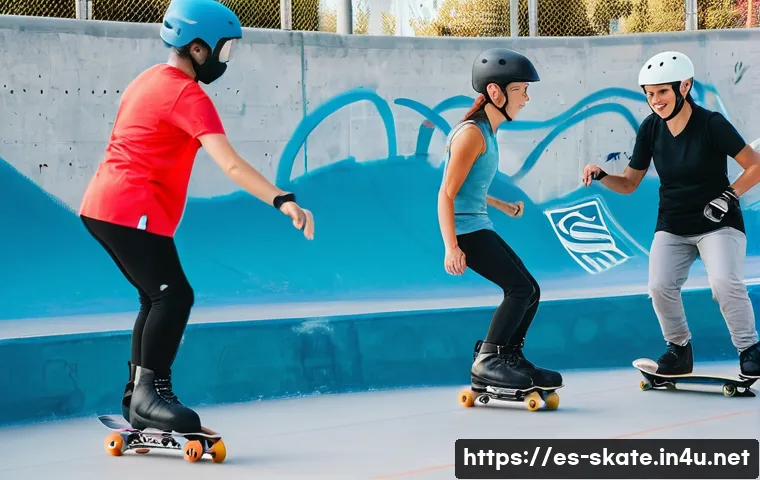 스케이트 레슨 후기 작성법 - A diverse group of young adults attending a beginner inline skating class in a modern urban skate pa...