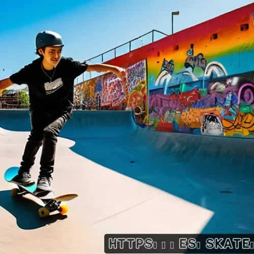 스케이트 관련 앱 추천 - A lively urban skate park scene in a vibrant Spanish city, featuring diverse skaters of various ages...
