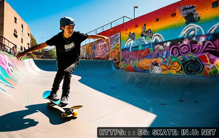 스케이트 관련 앱 추천 - A lively urban skate park scene in a vibrant Spanish city, featuring diverse skaters of various ages...