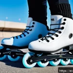 스케이트 신상품 리뷰 - A dynamic urban scene featuring a young adult wearing ergonomically designed inline skates with brea...
