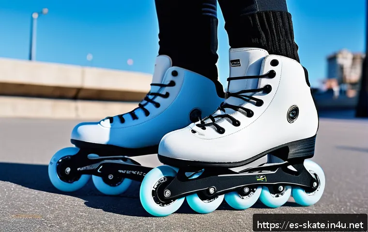 스케이트 신상품 리뷰 - A dynamic urban scene featuring a young adult wearing ergonomically designed inline skates with brea...