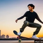 스케이트 댄스 배우기 - A young adult skateboard dancer performing a fluid dance routine on a smooth urban street at sunset....