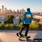 스케이트 브랜드 역사 - A vibrant urban skate park scene during golden hour, featuring diverse young adults wearing iconic s...
