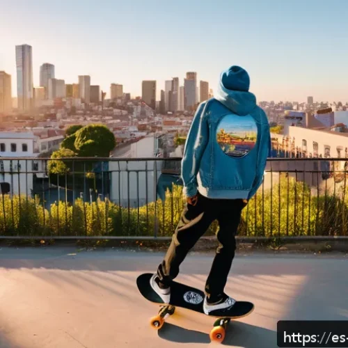 스케이트 브랜드 역사 - A vibrant urban skate park scene during golden hour, featuring diverse young adults wearing iconic s...