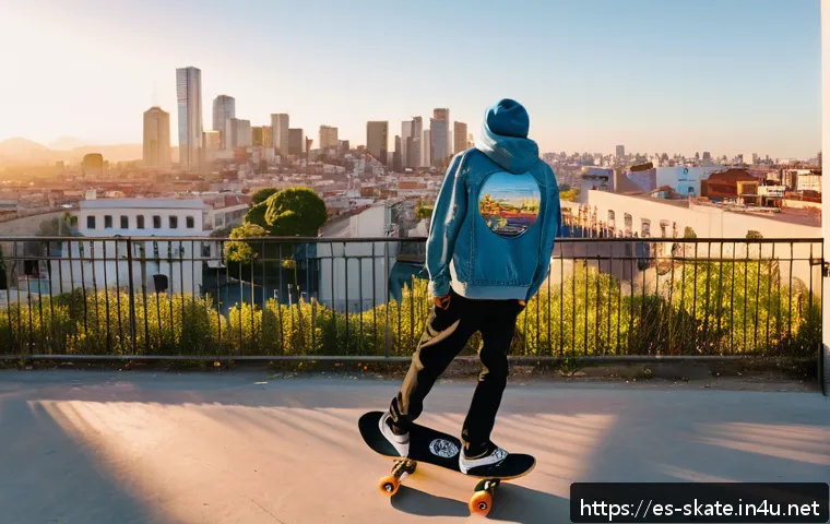 스케이트 브랜드 역사 - A vibrant urban skate park scene during golden hour, featuring diverse young adults wearing iconic s...