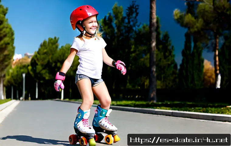 어린이 스케이트 추천 - Photorealistic lifestyle scene of a smiling Spanish child wearing a helmet, knee pads, elbow pads, a...