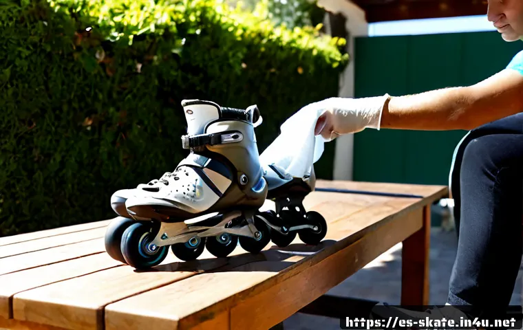스케이트 여름철 관리법 - Photorealistic close-up of hands cleaning and drying a pair of inline skates after a hot summer ride...