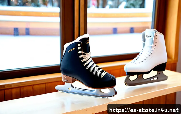 스케이트 시즌별 인기 모델 - Photorealistic winter sports shop display in Spain, three popular ice skate styles arranged neatly o...