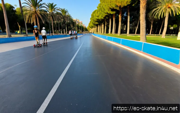 스케이트 전용 트랙 위치 - Photorealistic wide-angle view of a dedicated roller skating track in a sunny Spanish city park, smo...
